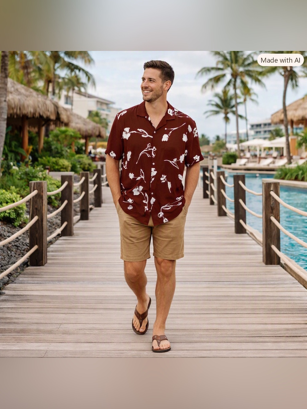 Denim and Flower Men's Burgundy and White Shirt Button up Short sleeve L
